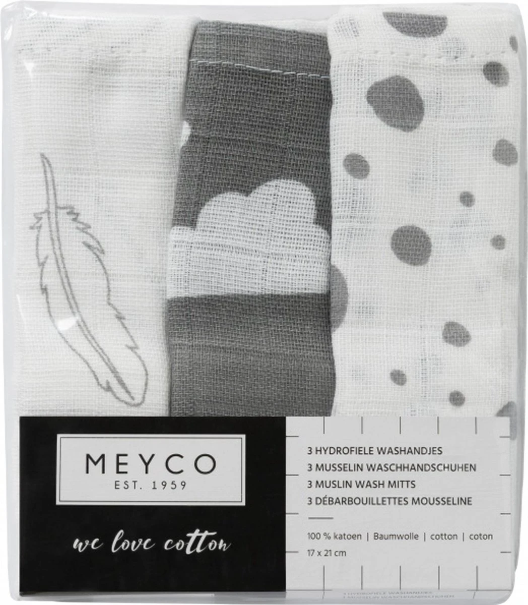 Meyco Hydrofiele Washandjes 3-pack - Feathers-Clouds-Dots - Grijs/Wit 3 Meyco Hydrofiele Washandjes 3-pack - Feathers-Clouds-Dots - Grijs/Wit - Afbeelding 3