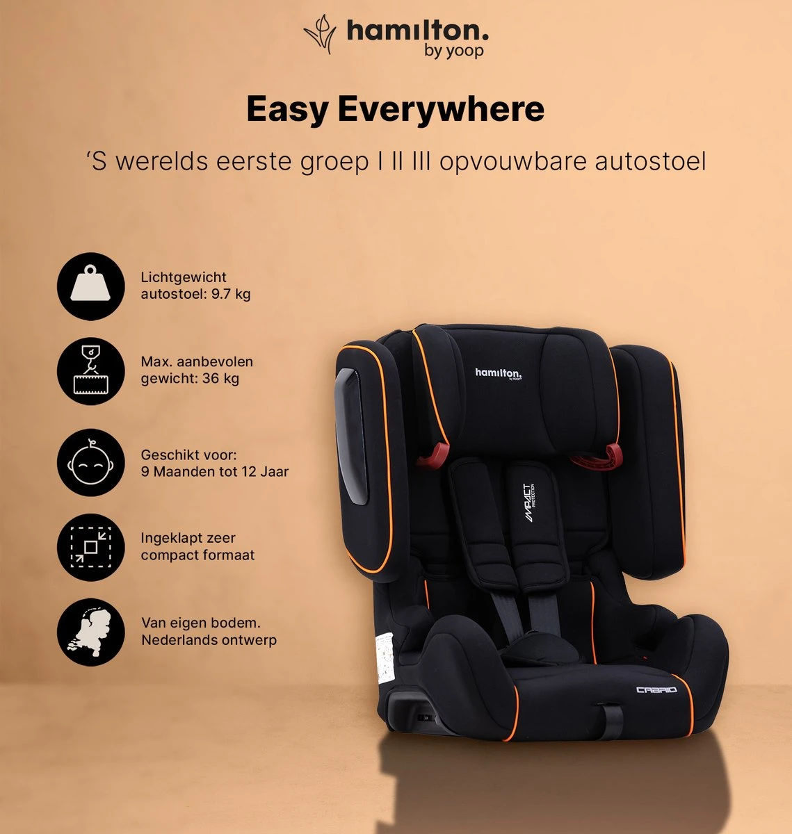 Hamilton By Yoop Cabrio Premium Opvouwbare Autostoel – Veilig, Comfortabel En Lichtgewicht Autozitje – Groep I, II, III Autostoeltje Voor 9 Maanden Tot 12 Jaar – Neon Oranje – ISOFIX Kliksysteem - 1e Opvouwbare Autostoel Ter Wereld 2 Hamilton By Yoop Cabrio Premium Opvouwbare Autostoel – Veilig, Comfortabel En Lichtgewicht Autozitje – Groep I, II, III Autostoeltje Voor 9 Maanden Tot 12 Jaar – Neon Oranje – ISOFIX Kliksysteem - 1e Opvouwbare Autostoel Ter Wereld - Afbeelding 2