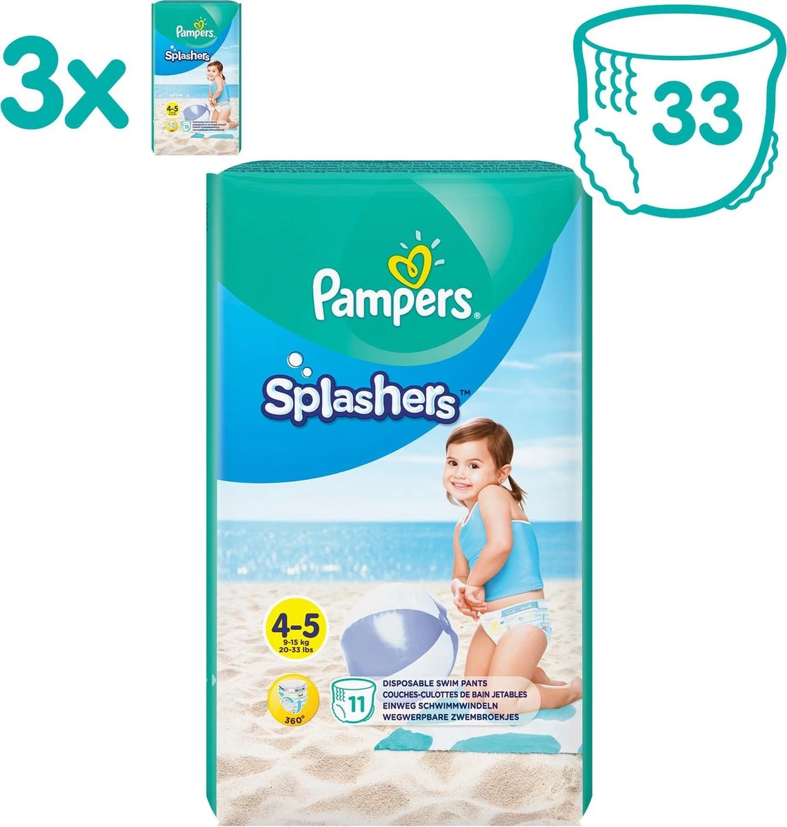 Pampers® Pampers Splashers Wegwerpbare Zwemluiers - Maat 4-5 (9-15 Kg) - 33 Stuks - Voordeelverpakking 1 Pampers® Pampers Splashers Wegwerpbare Zwemluiers - Maat 4-5 (9-15 Kg) - 33 Stuks - Voordeelverpakking