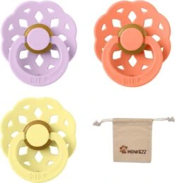 BIBS Boheme Fopspeen Set | Maat 2 6-18 Maanden | Set 3 Stuks + MONKIEZZ® Speenzakje | Violet Sky, Papaya, Sunshine