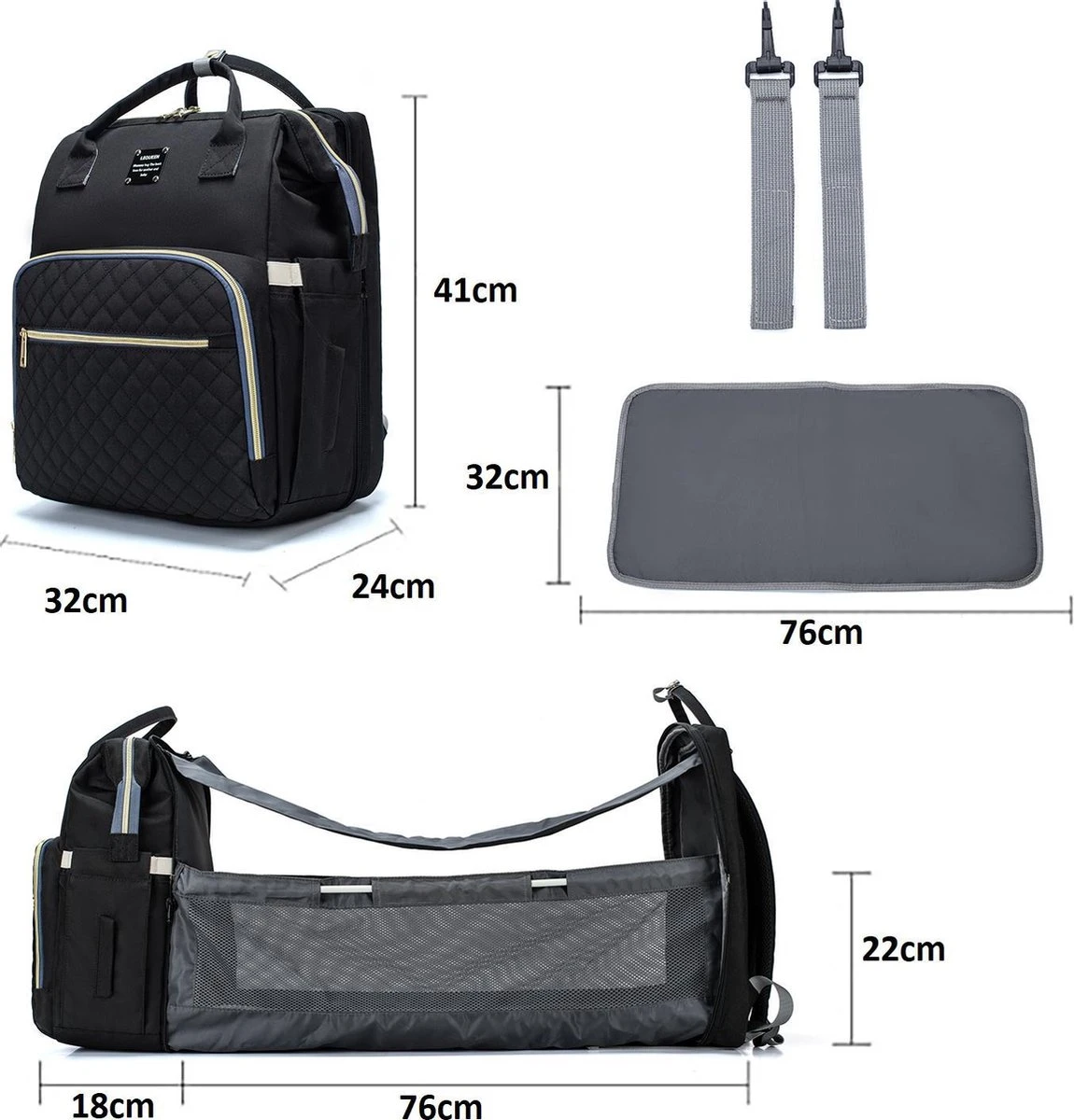 Luiertas - Multifuctioneel Luiertas 3 In 1 - Met Babybedje - Met Verschoningsmatje - Zwart - Met Usb - Met Verdikt Matras 8 Luiertas - Multifuctioneel Luiertas 3 In 1 - Met Babybedje - Met Verschoningsmatje - Zwart - Met Usb - Met Verdikt Matras - Afbeelding 8