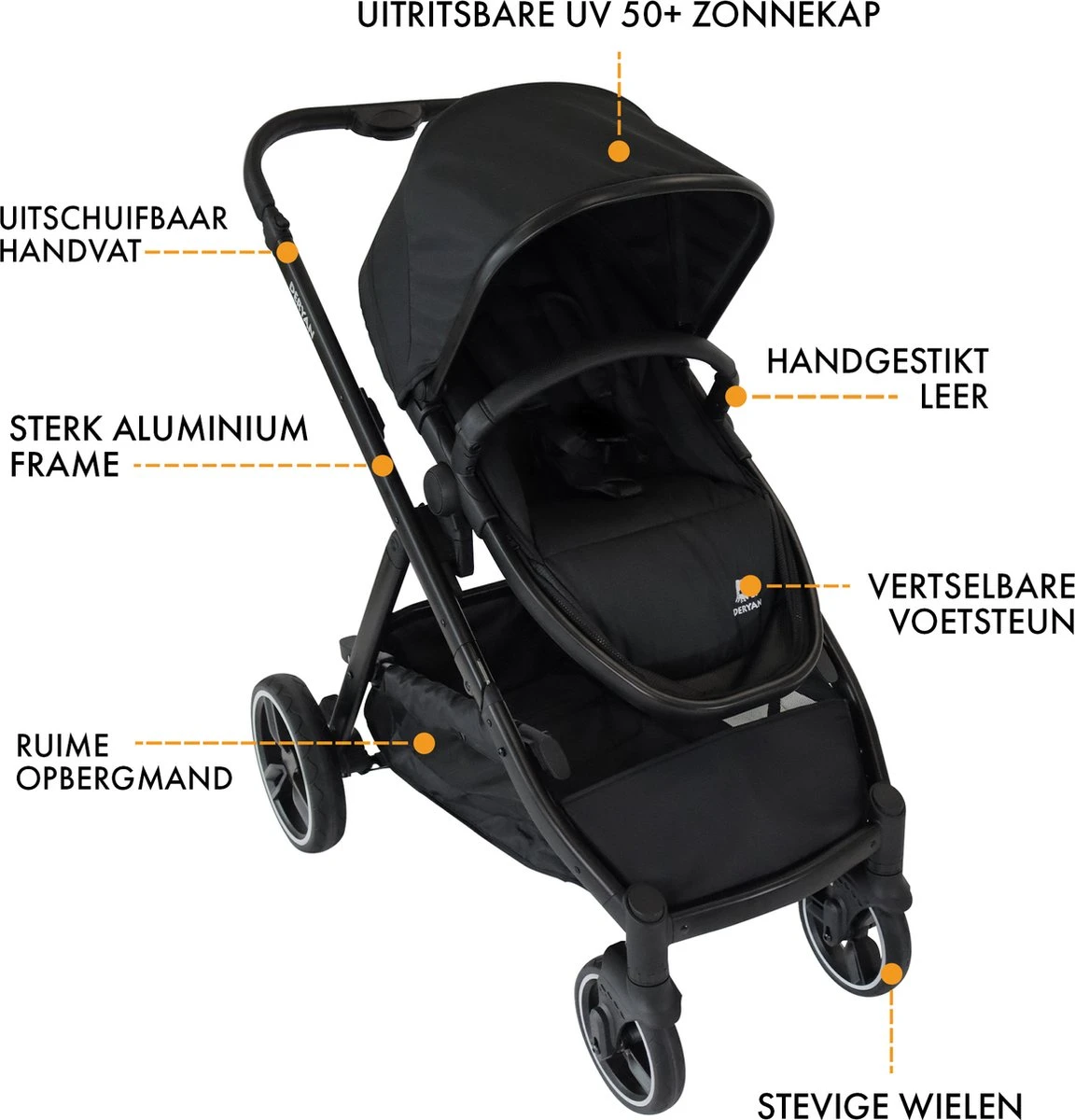 Deryan Evy Kinderwagen - Duo Kinderwagen - Uitbreidbaar - Inclusief Reiswieg - Zwart 11 Deryan Evy Kinderwagen - Duo Kinderwagen - Uitbreidbaar - Inclusief Reiswieg - Zwart - Afbeelding 11