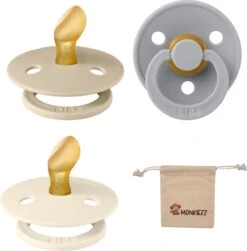 Bibs Dental Fopspenen Anatomical 0-6 Maanden- Set 3 Stuks- Ivory, Sand En Cloud - + Monkiezz Speenzakje - Orthodontisch- Anatomisch- Maat 1