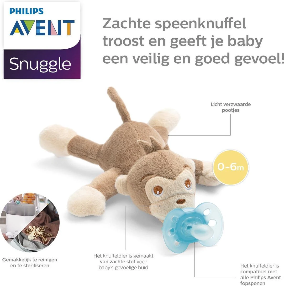 Philips Avent Snuggle Knuffelspeen - 0-6 Maanden - Aapje 3 Philips Avent Snuggle Knuffelspeen - 0-6 Maanden - Aapje - Afbeelding 3