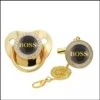 Merkloos Baby Tut Met Clip- BOSS - 0 - 18 Maanden - Fopspeen - Zwart / Goud - Silica Gel - Luxe Tut/fopspeen Met Diamanten - Baby Geschenk - Kerst Baby Cadeau