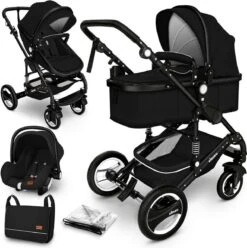 KIDUKU- 3 In 1 Combi-kinderwagen- Zwart- Buggy Incl. Autostoeltje-regenhoes- Inklapbaar