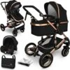 KIDUKU- 3 In 1 Combi-kinderwagen- Zwart/goud- Buggy Incl. Autostoeltje-regenhoes- Inklapbaar
