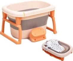 K IKIDO Babybadje - Bad Baby - Opvouwbare Babybadje - Babybadkuip - Met Steunkussen & Badkruk - Opvouwbaar Bad Kinderen - Bath Bucket - Oranje