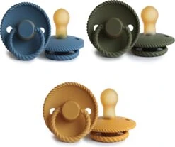 FRIGG Fopspeen Natuurrubber Rope - Kleur Ocean, Olive, Honey Gold - Maat 1 - Leeftijd 0 Tot 6 Maanden