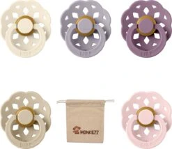 Bibs Boheme Fopspenen| Maat 2 6-18 Maanden| Mauve, Fossil Grey, Vanilla, Blossom, Ivory + Monkiezz Speenzakje