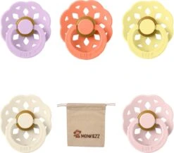 BIBS Boheme Fopspeen Set | Maat 2 6-18 Maanden | Set 5 Stuks + MONKIEZZ® Speenzakje | Violet Sky, Papaya, Ivory, Sunshine, Blossom