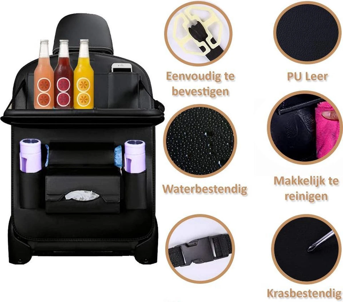 RAMBUX® - Autostoel Organizer Met Tray - Organizer Auto Stoelhoes Met Uitklapbare Tafel - Duurzaam Mat Zwart PU Leer Kunstleer - Tablethouder - Telefoonhouder - Fleshouder 7 RAMBUX® - Autostoel Organizer Met Tray - Organizer Auto Stoelhoes Met Uitklapbare Tafel - Duurzaam Mat Zwart PU Leer Kunstleer - Tablethouder - Telefoonhouder - Fleshouder - Afbeelding 7