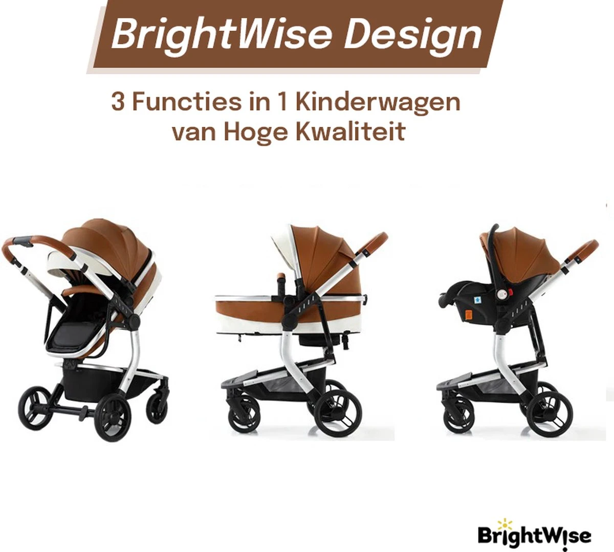 Merkloos BrightWise® Luxe Kinderwagen 3 In 1 Voldoet Aan Alle Europese Veiligheidscertificaten - Wandelwagen - Kinderwagen 3-in-1 Incl Autostoel - Kinderwagen Maxi Cosi – Buggy 3 In 1 - Newborn - Leer - Bruin 5 Merkloos BrightWise® Luxe Kinderwagen 3 In 1 Voldoet Aan Alle Europese Veiligheidscertificaten - Wandelwagen - Kinderwagen 3-in-1 Incl Autostoel - Kinderwagen Maxi Cosi – Buggy 3 In 1 - Newborn - Leer - Bruin - Afbeelding 5