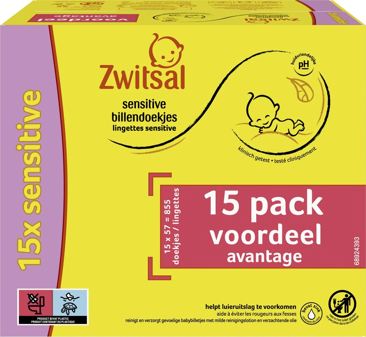 Zwitsal Sensitive Billendoekjes Alcoholvrij - 855 Doekjes - Voordeelverpakking 2 Zwitsal Sensitive Billendoekjes Alcoholvrij - 855 Doekjes - Voordeelverpakking - Afbeelding 2