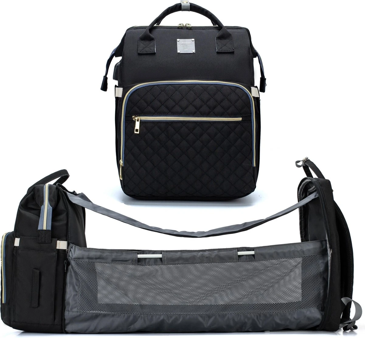 Luiertas - Multifuctioneel Luiertas 3 In 1 - Met Babybedje - Met Verschoningsmatje - Zwart - Met Usb - Met Verdikt Matras 2 Luiertas - Multifuctioneel Luiertas 3 In 1 - Met Babybedje - Met Verschoningsmatje - Zwart - Met Usb - Met Verdikt Matras - Afbeelding 2