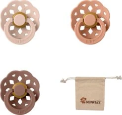 BIBS Boheme Fopspeen Set | Maat 2 6-18 Maanden | Set 3 Stuks + MONKIEZZ® Speenzakje | Blush, Peach, Woodchuck