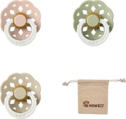 BIBS Boheme Fopspeen Set | Maat 2 6-18 Maanden | Set 3 Stuks + MONKIEZZ® Speenzakje | Glow In The Dark Blush, Sage, Vanilla