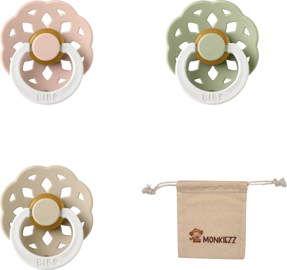 BIBS Boheme Fopspeen Set | Maat 2 6-18 Maanden | Set 3 Stuks + MONKIEZZ® Speenzakje | Glow In The Dark Blush, Sage, Vanilla 1 BIBS Boheme Fopspeen Set | Maat 2 6-18 Maanden | Set 3 Stuks + MONKIEZZ® Speenzakje | Glow In The Dark Blush, Sage, Vanilla