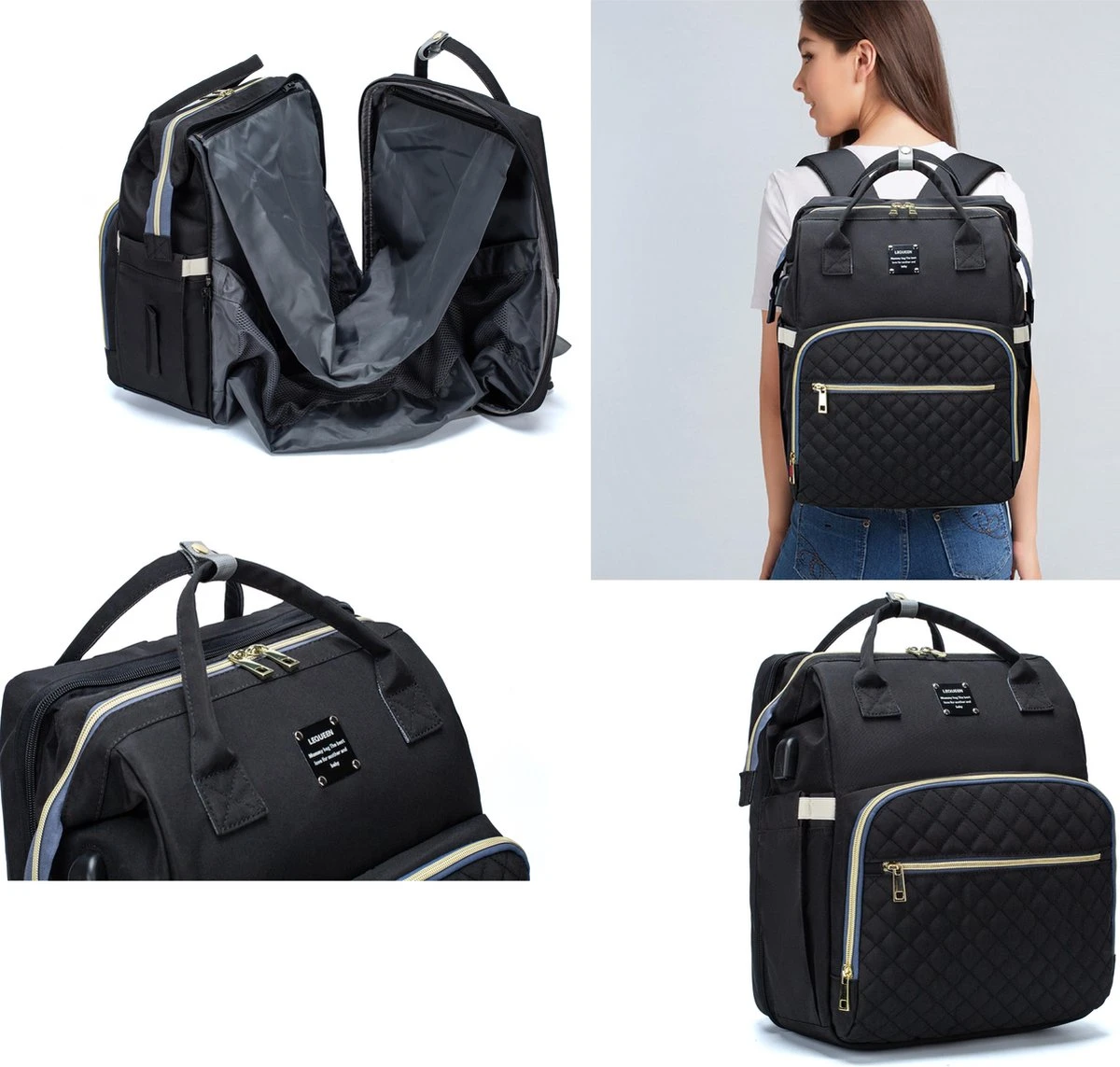 Luiertas - Multifuctioneel Luiertas 3 In 1 - Met Babybedje - Met Verschoningsmatje - Zwart - Met Usb - Met Verdikt Matras 7 Luiertas - Multifuctioneel Luiertas 3 In 1 - Met Babybedje - Met Verschoningsmatje - Zwart - Met Usb - Met Verdikt Matras - Afbeelding 7