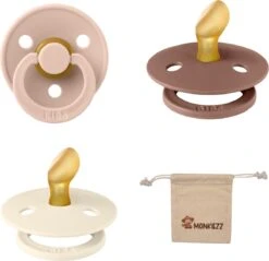 Bibs Dental Fopspenen Anatomical 0-6 Maanden- Set 3 Stuks- Blush, Ivory En Woodchuck - + Monkiezz Speenzakje - Orthodontisch- Anatomisch- Maat 1