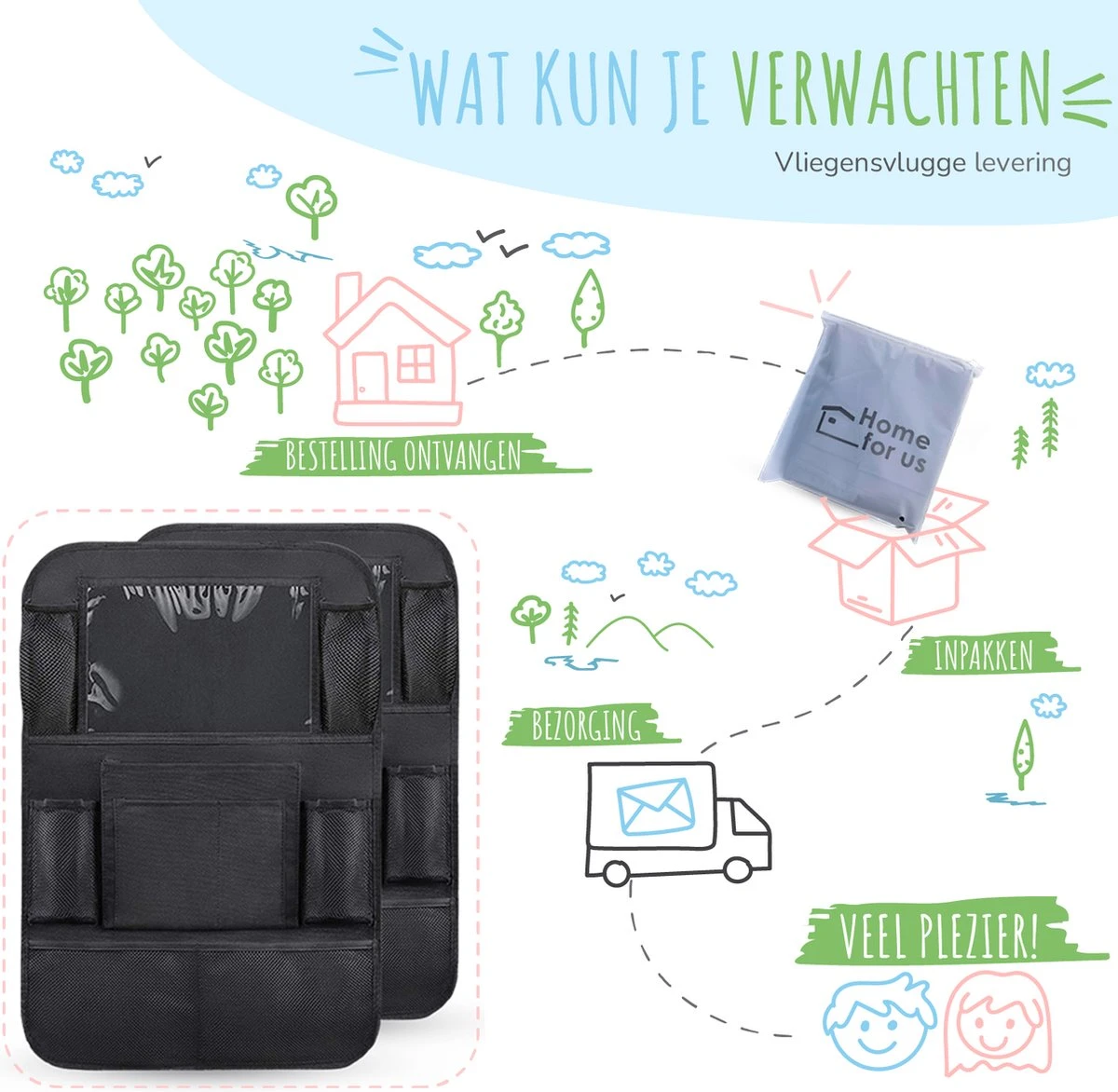 Home For Us Autostoel Organizer Met Tablet Houder - Set Van 2 - Beschermhoes Voor Kinderen - Beschermer Achterkant - Universeel 3 Home For Us Autostoel Organizer Met Tablet Houder - Set Van 2 - Beschermhoes Voor Kinderen - Beschermer Achterkant - Universeel - Afbeelding 3