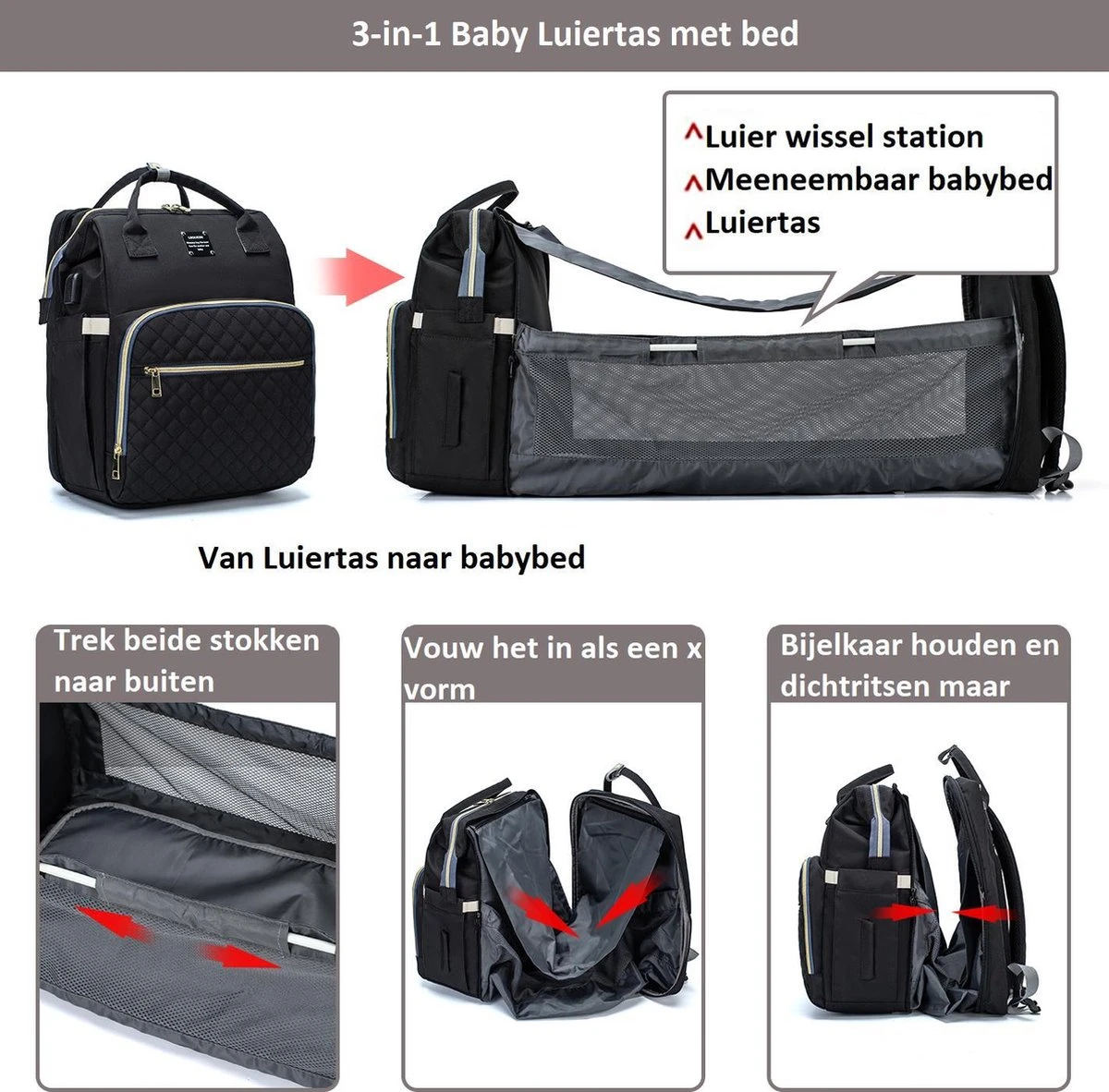 Luiertas - Multifuctioneel Luiertas 3 In 1 - Met Babybedje - Met Verschoningsmatje - Zwart - Met Usb - Met Verdikt Matras 10 Luiertas - Multifuctioneel Luiertas 3 In 1 - Met Babybedje - Met Verschoningsmatje - Zwart - Met Usb - Met Verdikt Matras - Afbeelding 10
