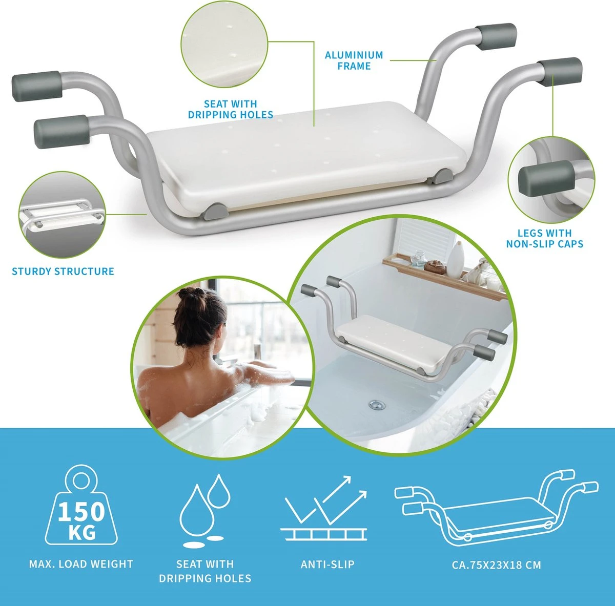 Vivamore Badzitje - Badstoeltje Tot Max. 150 KG - 74 X 23 X 18 CM - Badkruk - Anti-Slip Poten - Stevig Frame - Wit 7 Vivamore Badzitje - Badstoeltje Tot Max. 150 KG - 74 X 23 X 18 CM - Badkruk - Anti-Slip Poten - Stevig Frame - Wit - Afbeelding 7