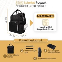 NanaBeebi Luiertas Rugzak Met Verschoonmatje - Zwart - Inclusief Flessenwarmhouder - Kinderwagenhaken En Isoleervak -Aanbiedingen BIBS Winkel 1200x1200 2454