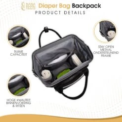 NanaBeebi Luiertas Rugzak Met Verschoonmatje - Zwart - Inclusief Flessenwarmhouder - Kinderwagenhaken En Isoleervak -Aanbiedingen BIBS Winkel 1200x1200 2455