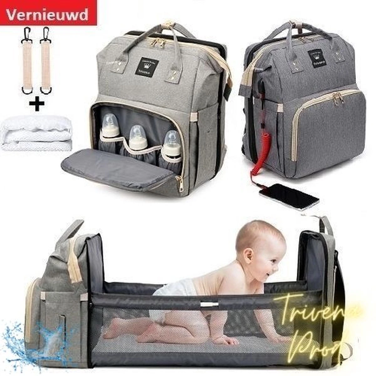 Luier- En Verzorgingstas - Luiertassen - Baby Rug Tas Met Isoleervak - Incl Flessen Verwarmer - Luiertas - Unisex/Jongens/Meisjes - Grijs - Luier Tas - Verzorgingstas Baby - Uitschuifbaar Verschoon/ Slaap Bedje - Incl Matrasje Baby - USB Poort 9 Luier- En Verzorgingstas - Luiertassen - Baby Rug Tas Met Isoleervak - Incl Flessen Verwarmer - Luiertas - Unisex/Jongens/Meisjes - Grijs - Luier Tas - Verzorgingstas Baby - Uitschuifbaar Verschoon/ Slaap Bedje - Incl Matrasje Baby - USB Poort - Afbeelding 9