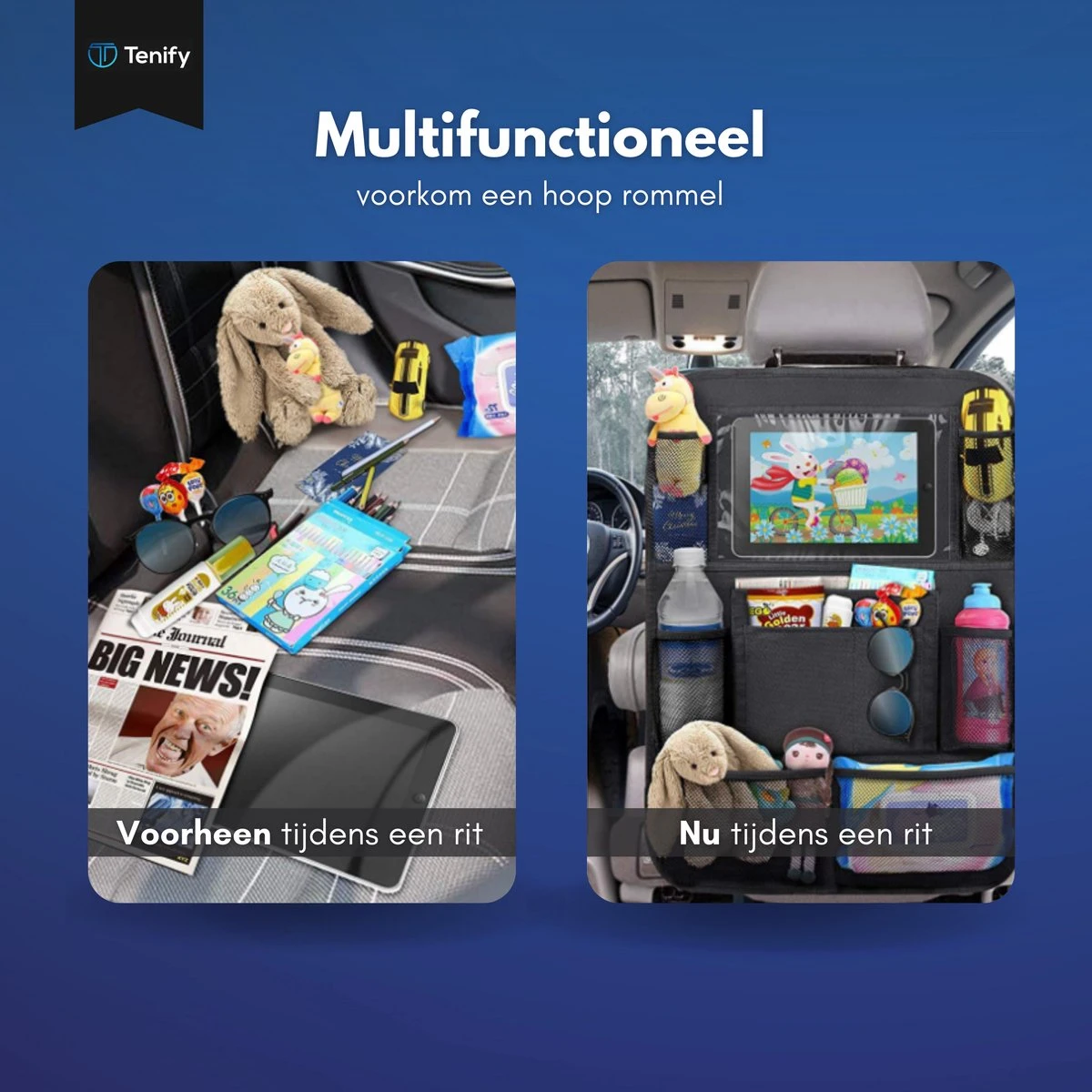 Tenify Premium Luxe & Stevige Auto Organizer Met Tablet Houder - 1 Stuk - Extra Opbergruimte - Beschermer - Autostoel – Accessories 2 Tenify Premium Luxe & Stevige Auto Organizer Met Tablet Houder - 1 Stuk - Extra Opbergruimte - Beschermer - Autostoel – Accessories - Afbeelding 2