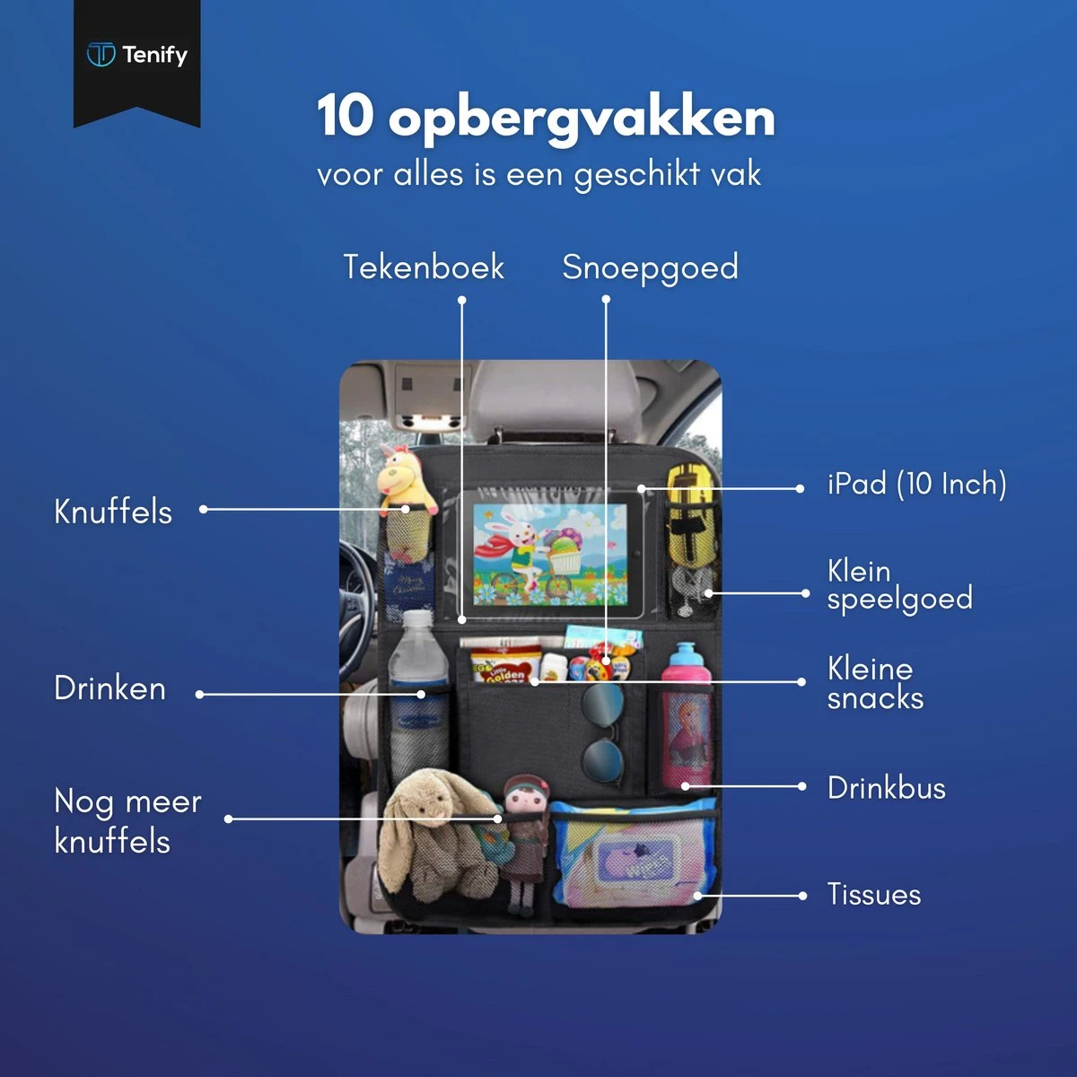 Tenify Premium Luxe & Stevige Auto Organizer Met Tablet Houder - 1 Stuk - Extra Opbergruimte - Beschermer - Autostoel – Accessories 6 Tenify Premium Luxe & Stevige Auto Organizer Met Tablet Houder - 1 Stuk - Extra Opbergruimte - Beschermer - Autostoel – Accessories - Afbeelding 6