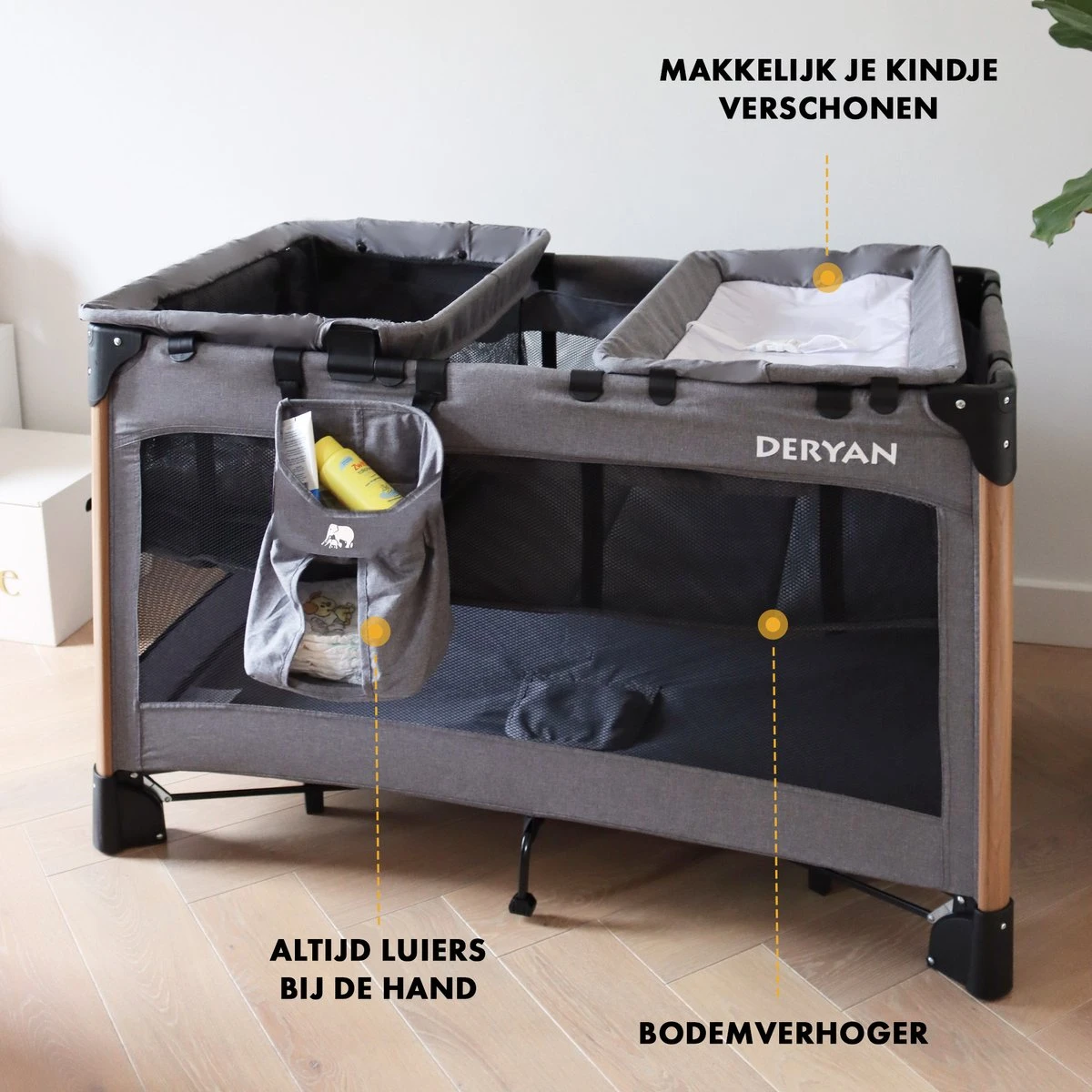 Deryan Luxe Campingbed Compleet - 120x60cm - Bodemverhoger - Verschoonblad - Opbergmand - Grijs 11 Deryan Luxe Campingbed Compleet - 120x60cm - Bodemverhoger - Verschoonblad - Opbergmand - Grijs - Afbeelding 11
