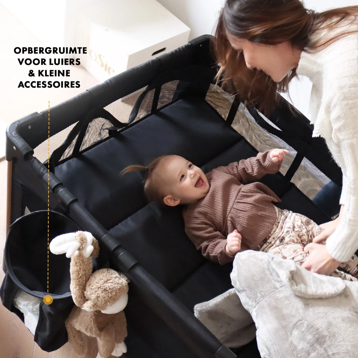 Deryan Luxe Campingbed Compleet - 120x60cm - Bodemverhoger - Verschoonblad - Opbergmand - Zwart 4 Deryan Luxe Campingbed Compleet - 120x60cm - Bodemverhoger - Verschoonblad - Opbergmand - Zwart - Afbeelding 4