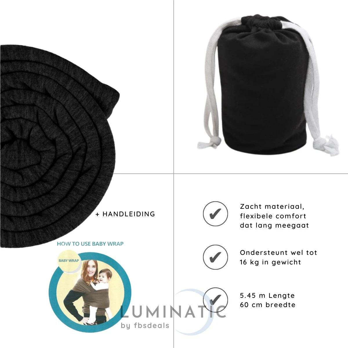 Baby Draagdoek - Babywrap - Baby Carrier - Babydrager - Buikdrager Baby – Baby Draagzak - Baby Sling | Luminatic® | Ergonomisch | Met Tasje | Zwart 5 Baby Draagdoek - Babywrap - Baby Carrier - Babydrager - Buikdrager Baby – Baby Draagzak - Baby Sling | Luminatic® | Ergonomisch | Met Tasje | Zwart - Afbeelding 5