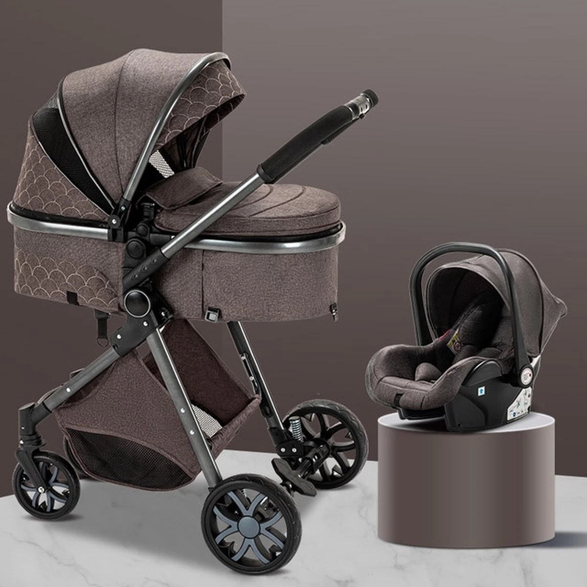 Merkloos Kinderwagen 3-in-1 – Luxe Kinderwagen - Buggy – Wandelwagen - Multifunctioneel – Opklapbaar – Incl Autostoel – Donkerbruin 1 Merkloos Kinderwagen 3-in-1 – Luxe Kinderwagen - Buggy – Wandelwagen - Multifunctioneel – Opklapbaar – Incl Autostoel – Donkerbruin