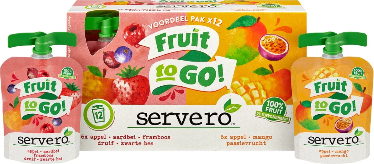 Servero Fruit To Go 100% Fruit - Mixpack Knijpfruit - Appel Mango Passievrucht En Appel Aardbei Framboos - 12 X 90 Gram 1 Servero Fruit To Go 100% Fruit - Mixpack Knijpfruit - Appel Mango Passievrucht En Appel Aardbei Framboos - 12 X 90 Gram