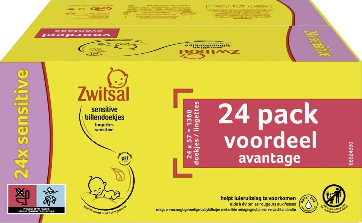Zwitsal Baby Sensitive Billendoekjes Alcoholvrij - 1368 Doekjes - Voordeelverpakking 3 Zwitsal Baby Sensitive Billendoekjes Alcoholvrij - 1368 Doekjes - Voordeelverpakking - Afbeelding 3