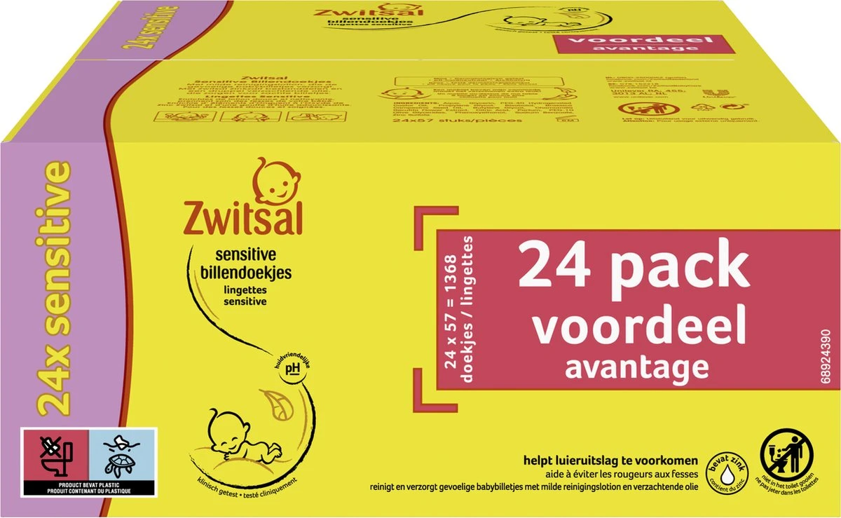 Zwitsal Baby Sensitive Billendoekjes Alcoholvrij - 1368 Doekjes - Voordeelverpakking 2 Zwitsal Baby Sensitive Billendoekjes Alcoholvrij - 1368 Doekjes - Voordeelverpakking - Afbeelding 2