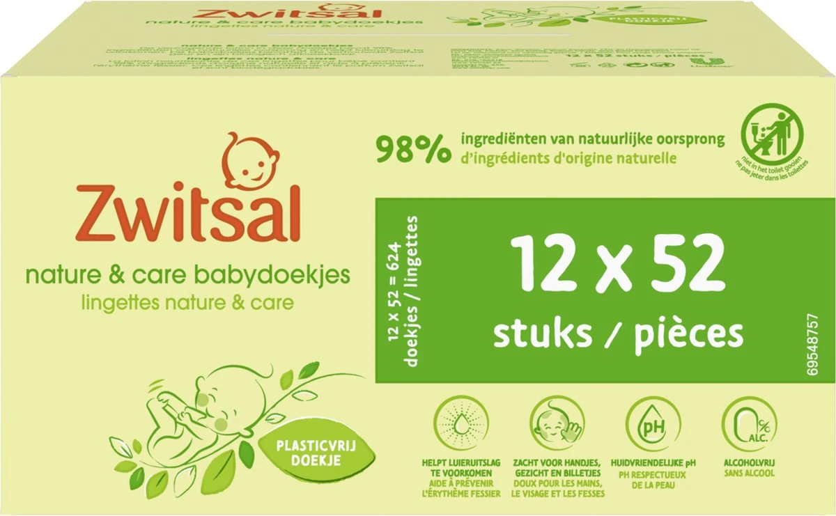Zwitsal Billendoekjes Nature & Care Alcoholvrij - Plasticvrij - 624 Doekjes - Voordeelverpakking 1 Zwitsal Billendoekjes Nature & Care Alcoholvrij - Plasticvrij - 624 Doekjes - Voordeelverpakking