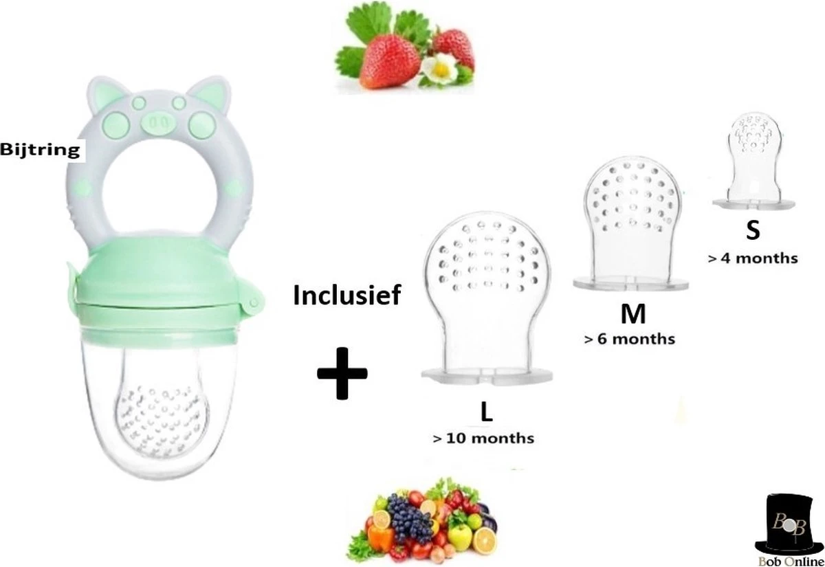 Bob Online ™ - Groen Baby Fruitspeen En Bijtring In Een X 1 + 3 Maten Spenen - Fruitzuiger - Fruit Fopspeen Voorkomt Verstikking - Babyvoeding - Siliconen Fruitspeen - Fruit Pacifier + 3 X S M L Teats – 3 X Spenen Voor Langer Gebruik - Kraam Cadeau 1 Bob Online ™ - Groen Baby Fruitspeen En Bijtring In Een X 1 + 3 Maten Spenen - Fruitzuiger - Fruit Fopspeen Voorkomt Verstikking - Babyvoeding - Siliconen Fruitspeen - Fruit Pacifier + 3 X S M L Teats – 3 X Spenen Voor Langer Gebruik - Kraam Cadeau