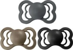 BIBS Supreme Fopspeen | Bundel Set 3 Stuks | T2 | Maat 2 | 6-18 Maanden | Silicone | Dark Oak, Iron, Black