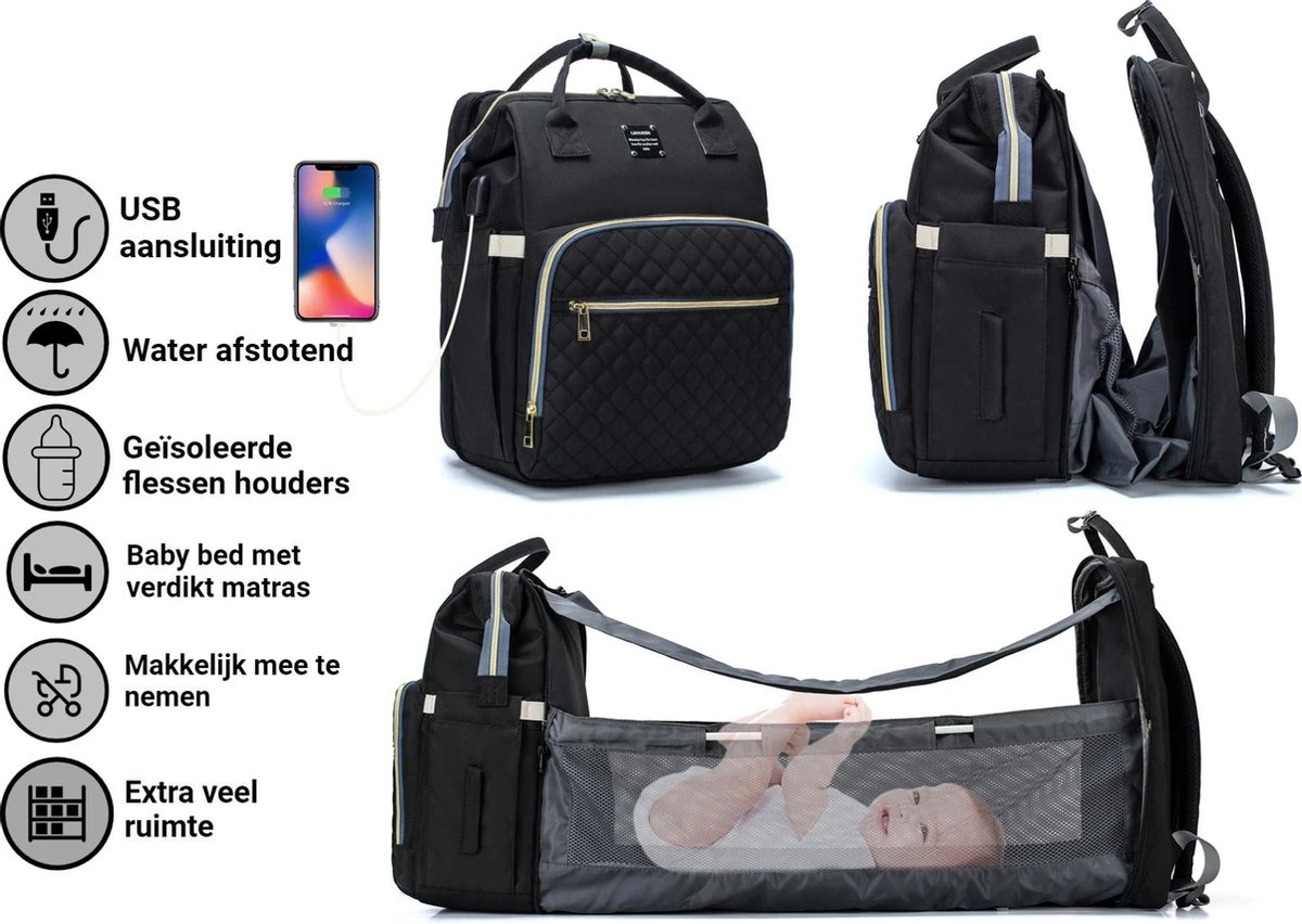 Luiertas - Multifuctioneel Luiertas 3 In 1 - Met Babybedje - Met Verschoningsmatje - Zwart - Met Usb - Met Verdikt Matras 1 Luiertas - Multifuctioneel Luiertas 3 In 1 - Met Babybedje - Met Verschoningsmatje - Zwart - Met Usb - Met Verdikt Matras