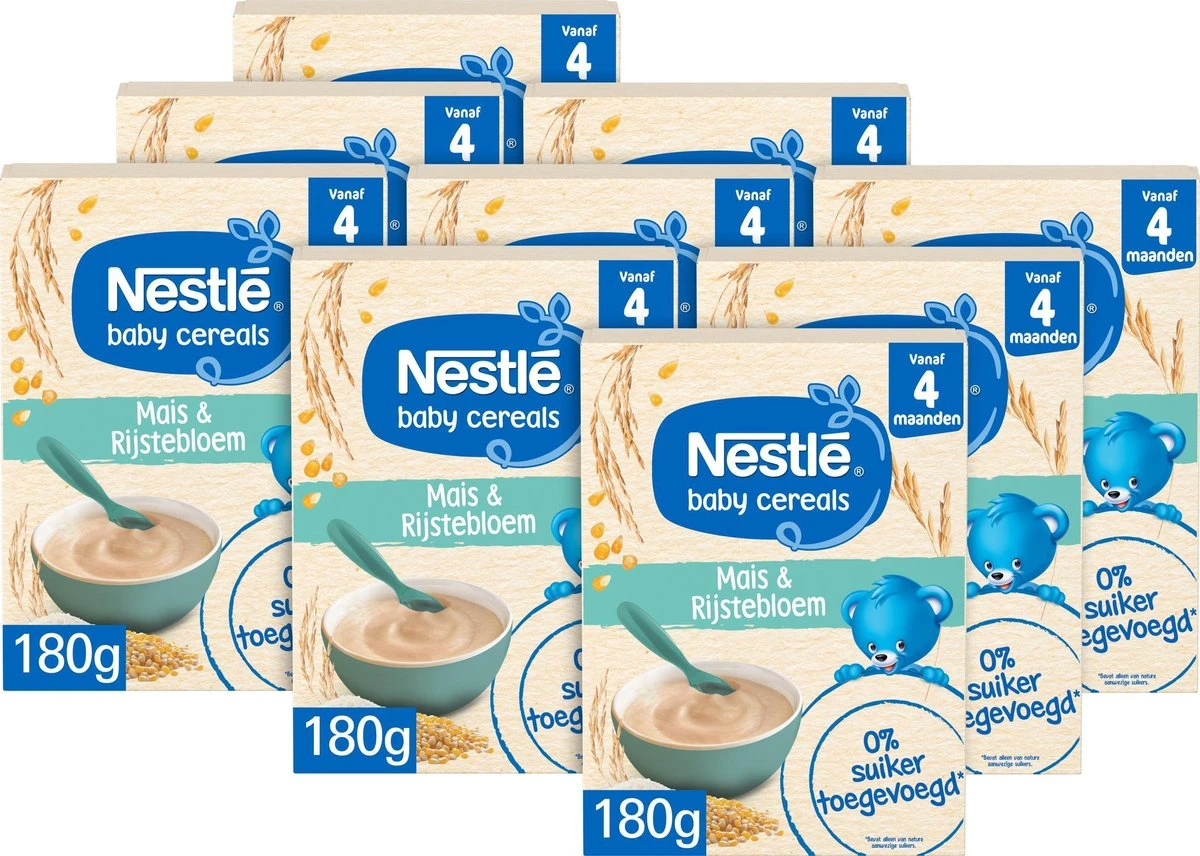 Nestlé Baby Cereals Mais & Rijstebloem Glutenvrij - Baby Pap - Vanaf 4 Maanden - 9 Stuks - Totaal 45 Porties 1 Nestlé Baby Cereals Mais & Rijstebloem Glutenvrij - Baby Pap - Vanaf 4 Maanden - 9 Stuks - Totaal 45 Porties