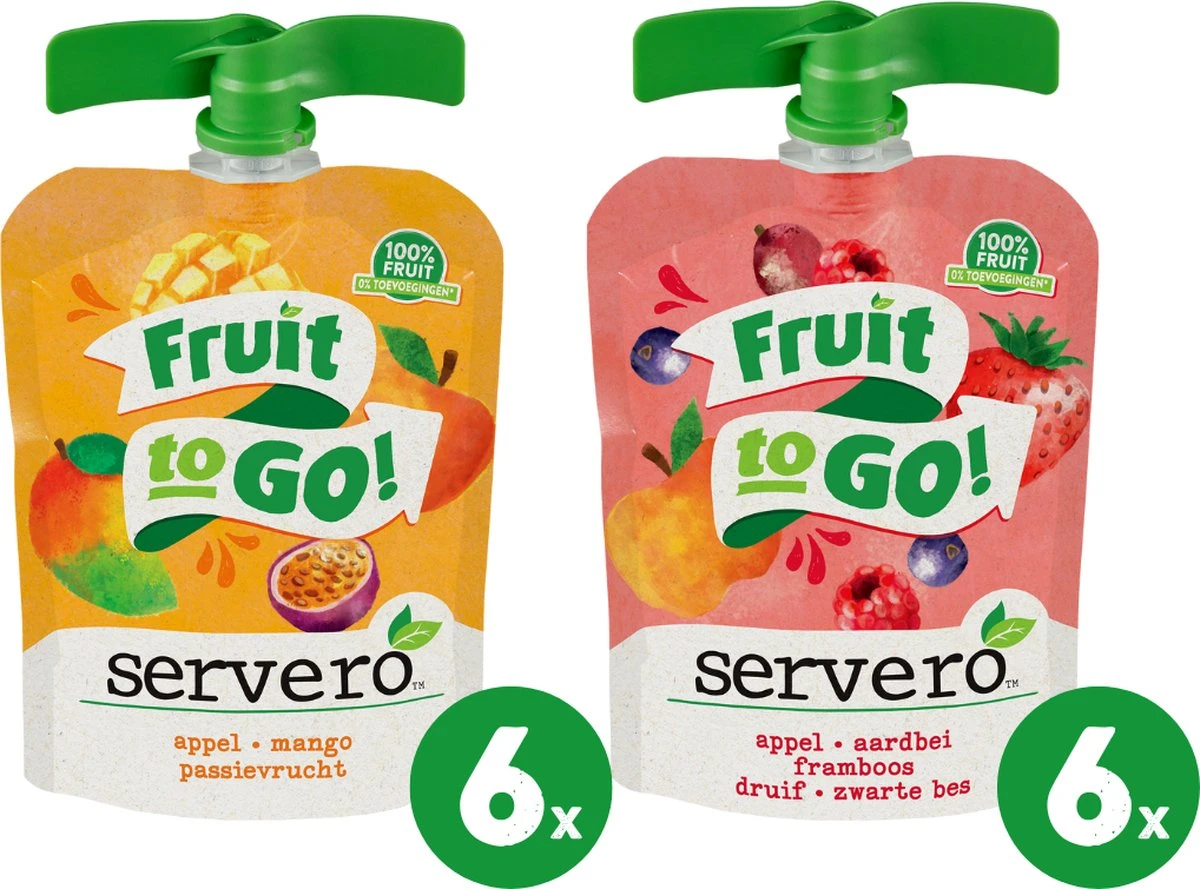 Servero Fruit To Go 100% Fruit - Mixpack Knijpfruit - Appel Mango Passievrucht En Appel Aardbei Framboos - 12 X 90 Gram 3 Servero Fruit To Go 100% Fruit - Mixpack Knijpfruit - Appel Mango Passievrucht En Appel Aardbei Framboos - 12 X 90 Gram - Afbeelding 3