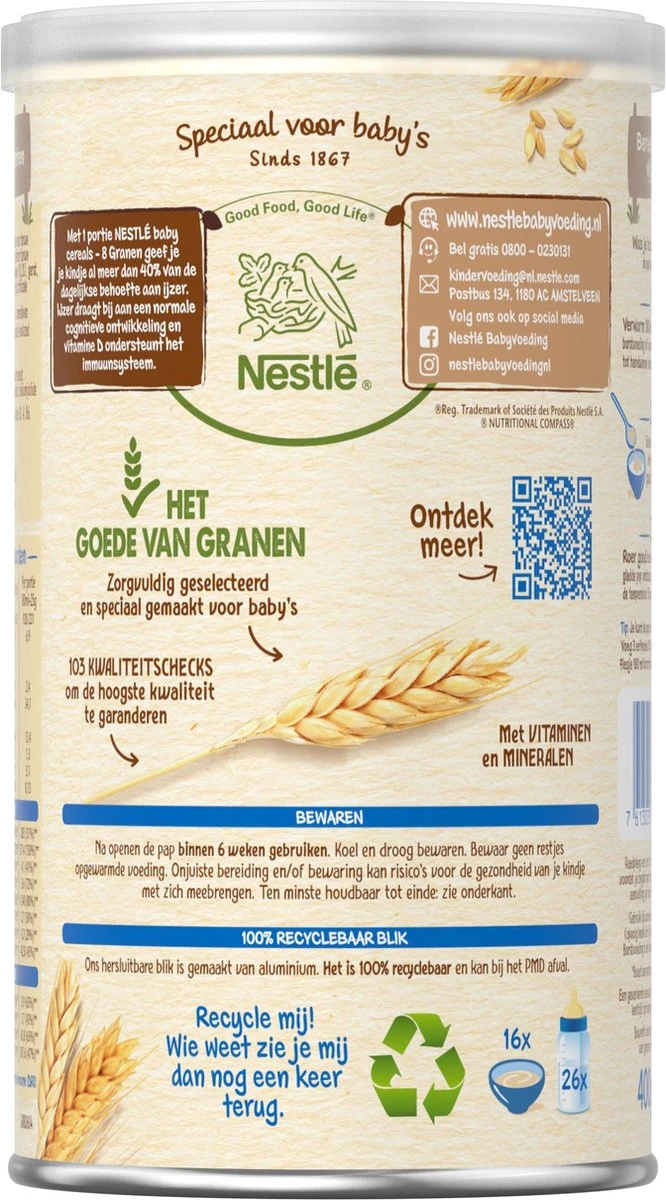 Nestlé Baby Cereals 8 Granen - Baby Pap - Vanaf 12 Maanden - 3 Stuks - Totaal 48 Porties 4 Nestlé Baby Cereals 8 Granen - Baby Pap - Vanaf 12 Maanden - 3 Stuks - Totaal 48 Porties - Afbeelding 4