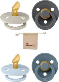 Blisters Bibs Dental Fopspenen Anatomical 6-18 Maanden| Set 4 Stuks|Sand, Iron, Baby Blue, Petrol| + Monkiezz Speenzakje| Orthodontisch| Anatomisch| Maat 2