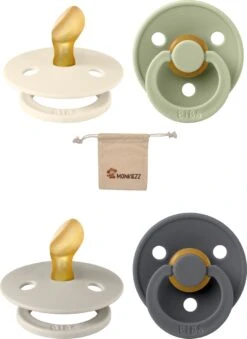 Bibs Dental Fopspenen Anatomical 6-18 Maanden- Set 4 Stuks- Sage, Ivory , Sand , Iron - + Monkiezz Speenzakje - Orthodontisch- Anatomisch- Maat 2