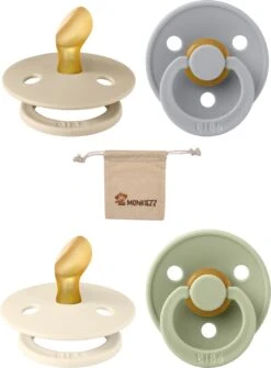 Blisters Bibs Dental Fopspenen Anatomical 0-6 Maanden| Set 4 Stuks| Ivory, Sage, Vanilla, Cloud| + Monkiezz Speenzakje| Orthodontisch| Anatomisch| Maat 1