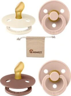 Blisters Bibs Fopspenen Anatomical 0-6 Maanden| Set 4 Stuks| Woodchuck, Blush, Ivory, Blush| + Monkiezz Speenzakje| Orthodontisch| Anatomisch| Maat 1